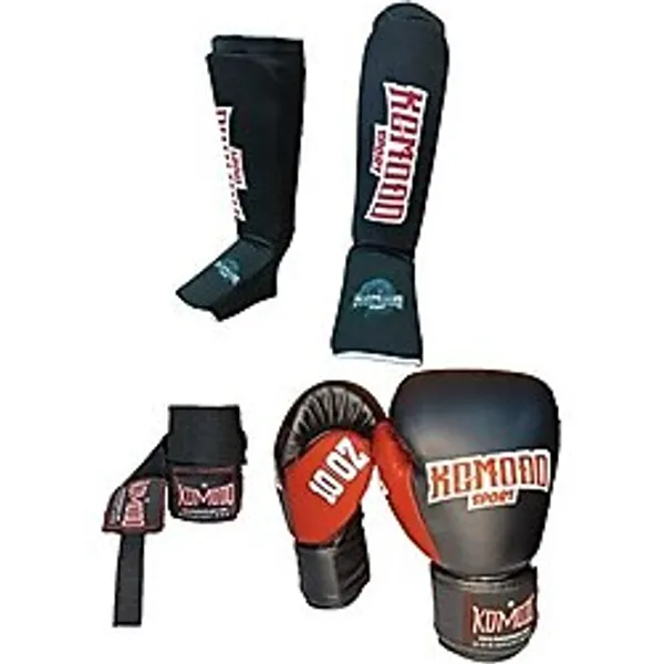 Komodo Sport Komodo 10 Oz Boks Eldiveni ve Bandaj 3,5 Metre Elastik Kick Boks Koruyucu Set Suni Deri - Siyah