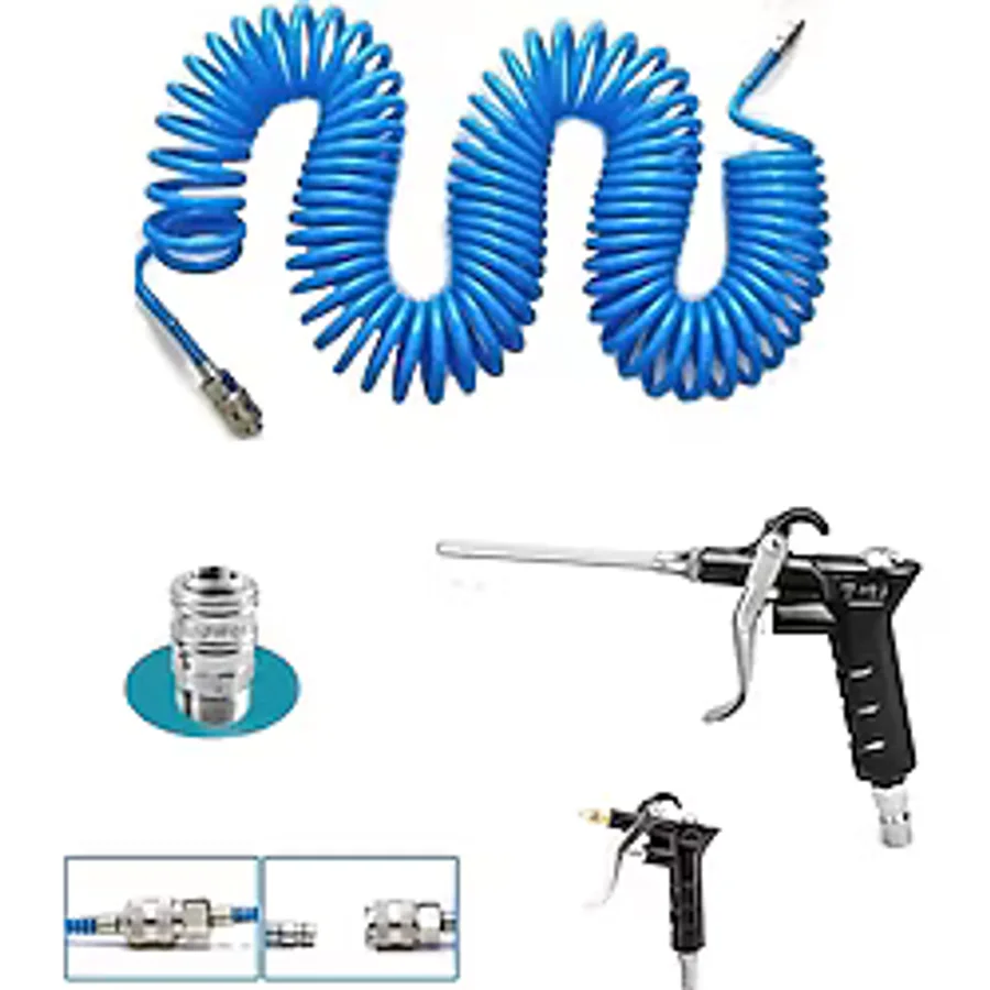 Kompresör Spiral Hava Hortumu 8 mm 15 m Hava Jakı Hava Tabancası Recor 3 Pcs Seti