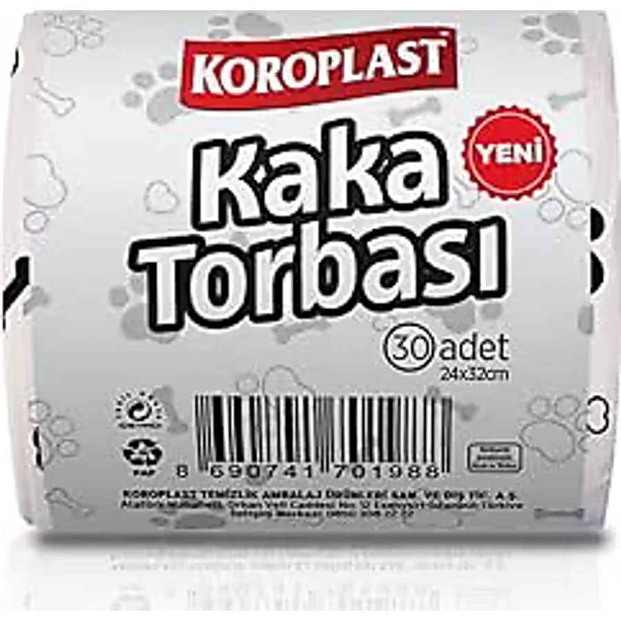 Koroplast Kaka Torbası 30'lu Set, Kötü Koku Kontrolü Sağlayan Kedi Köpek Kaka Torbası 24x32 cm, Kolay Kullanım, Evcil Hayvan Atıklarına Hijyenik Temizlik, Sızdırmaz Taşınabilir Kedi Köpek Dışkı Poşeti