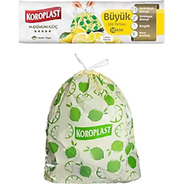 Koroplast Limon Kokulu Büyük Boy Büzgülü Çöp Poşeti 10'lu 65x67 cm, Kolay Bağlanır Kokulu Büzgülü Büyük Boy Çöp Torbası, Sızdırmaz Yırtılmaz, Geri Dönüştürülebilir Atık Torbası Ekstra Güçlü Çöp Poşeti