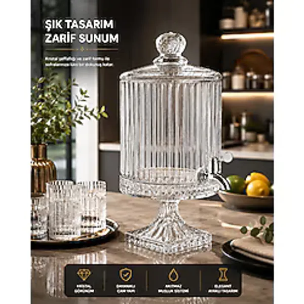 Kosova 4,5 LT Kristal Desenli Lüx Cam Sebil - Musluklu Ayaklı Limonata & İçecek Dispenseri