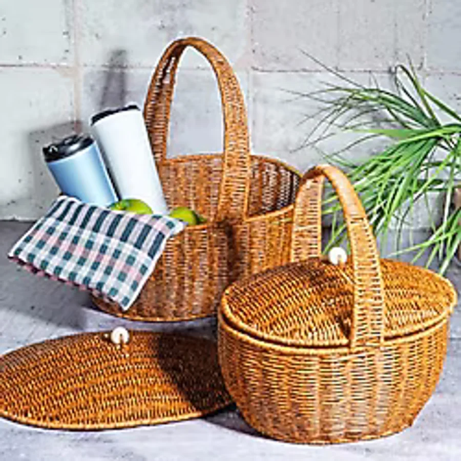 Kosova Wicker 2'li Kulplu Kapaklı Hasır Piknik Sepeti Seti