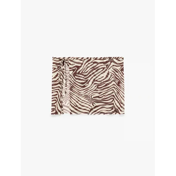 Koton Bağlamalı Kruvaze Zebra Desenli Transparan Tül Pareo Mini Etek - Kahve