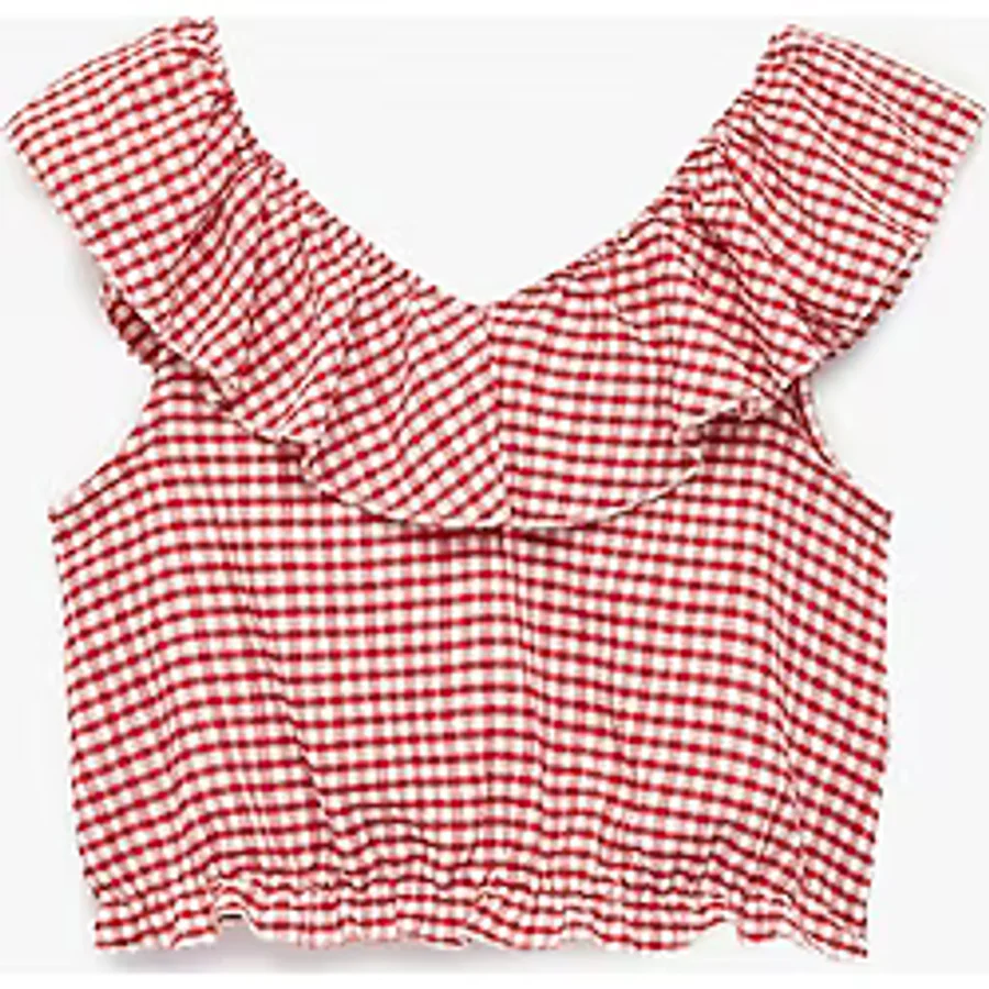 Koton Fırfırlı Kolsuz Düşük Omuz Ekoseli Crop Bluz - Kırmızı - 9 - 10 Yaş