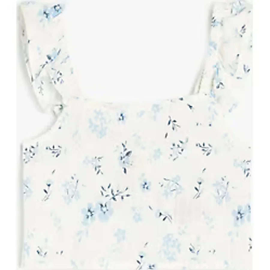 Koton Pamuklu Kare Yaka Fırfır Detaylı Çiçek Desenli Crop Bluz - Ekru - 9 - 10 Yaş