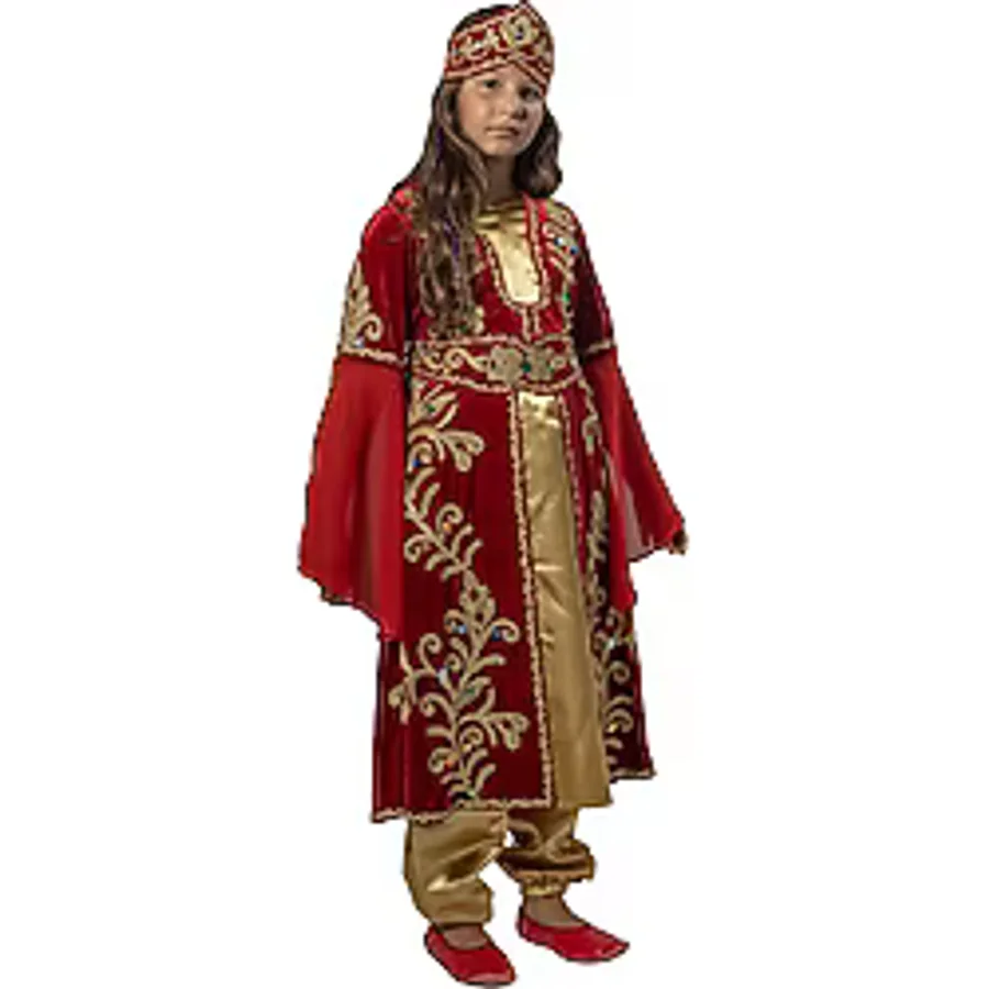 Köylü Kostüm Mihrimah Sultan Kıyafeti Kız Çocuk Lüks Kadife Bindallı Elbisesi Kırmızı - 4BY-Kırmızı - 11 - 13 Yaş