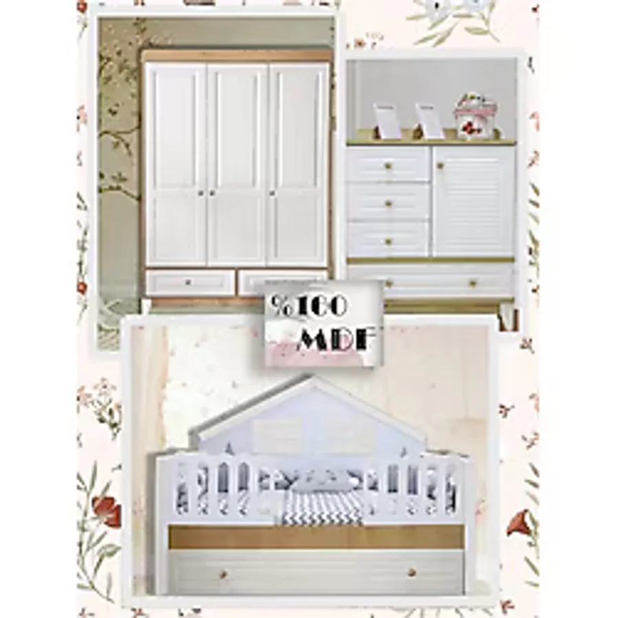 Koza %100 Mdf Panjur Ahşap Beyaz Duvar Çatılı Maxi Bebek & Çocuk Odası Takımı