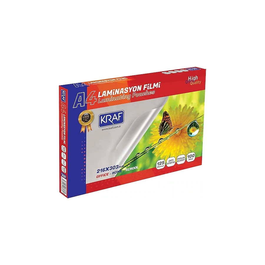Kraf A4 125 Micron 100'lü Parlak Laminasyon Filmi