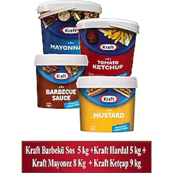 Kraft Ketçap 9 kg + Kraft Mayonez 8 kg + Kraft Hardal 5 kg + Kraft Barbekü Sos 5 kg, 4'lü Set