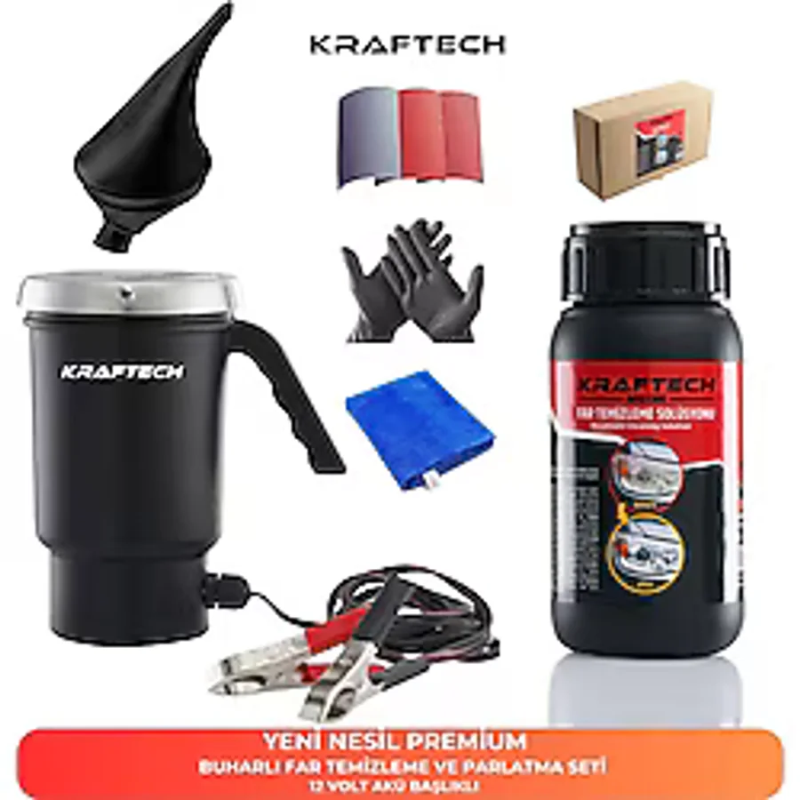 kraftech Yeni Nesil Premium I Buharlı Araba Far Temizleme Ve Parlatma Seti I 12 V Akü Bağlantılı Uyumlu