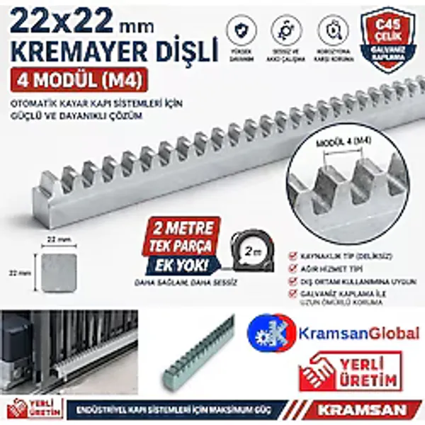 Kramsan Global 22X22MM Bahçe Otomatik Kapı Motoru Kremayer Dişlisi 2 Metre (4'lü Set) Galvanizli Çelik
