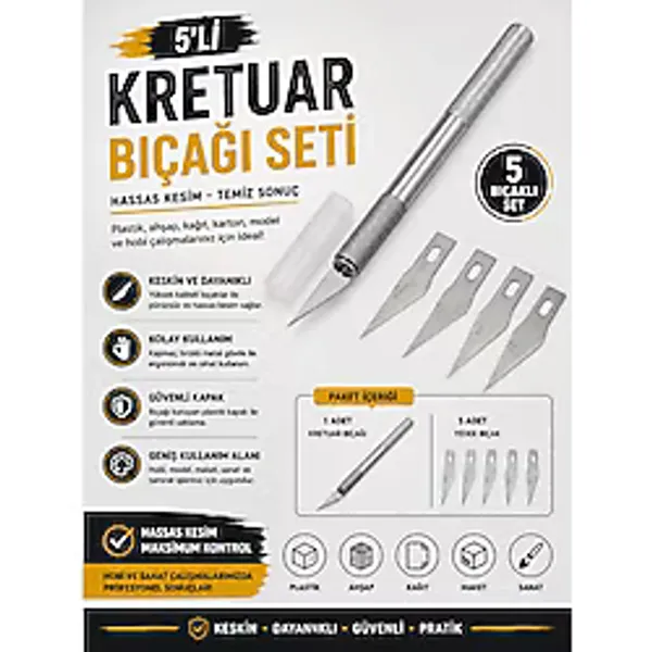 Kretuar Bıçağı, Plastik Ahşap Kesme Sanat Bıçağı, Neşter, 5 Bıçaklı Kretuvar Bıçağı Seti