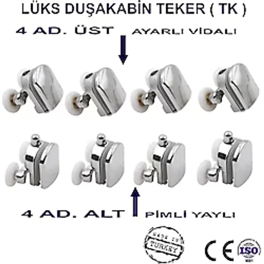 Krom Kaplama Plastik Duşakabin Tekeri Tekerleği Rulmanı 8'li Set 4 Alt 4 Üst 22 Mm Teker Çapı Parlak Krom