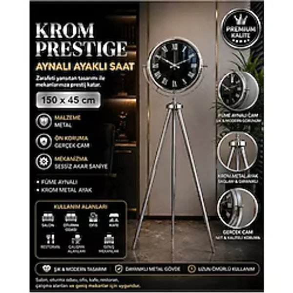 Krom Prestıge Aynalı Tripod 150 X 45 Cm Ayaklı Saat