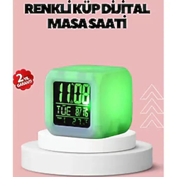 Kronometre ve Takvim Destekli Renk Değiştiren LED Dijital Küp Saat