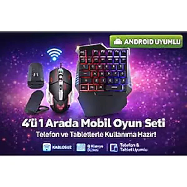 Kruxon 5 in 1 Mobil Oyun Seti, Telefon ve Tablet Uyumlu, Oyun Klavyesi, Fare, PUBG Dönüştürücü, Android, Siyah