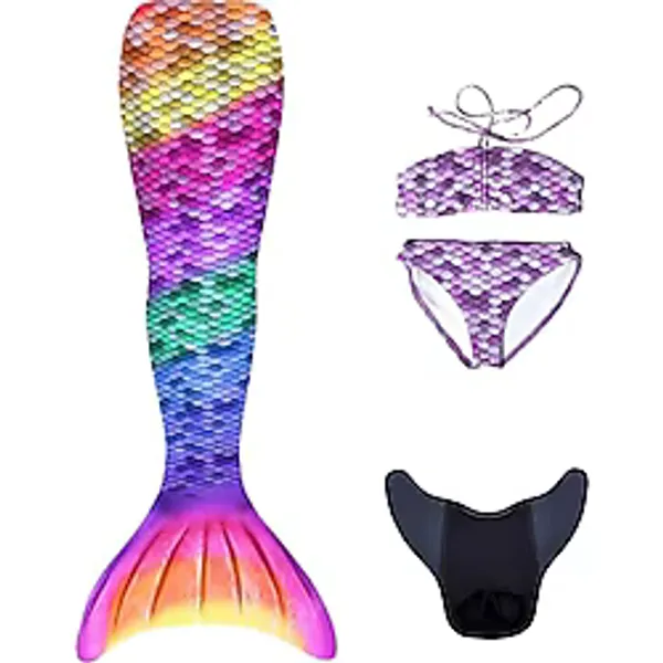 Kuaki Mermaids Rainbow Deniz Kızı Kostümü, 4'lü Set, Bikini ve Kuyruk, Gökkuşağı Renkli, Kız Çocuk,%80 Polyester,%20 Elastan, 3D Parlak Pullu, Yaş Seçeneği (10+ Yaş)
