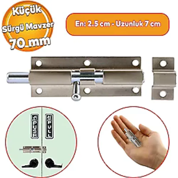 Küçük Mavzer Sürgü Sürgülü Sürgüsü Kilit Saten 25x70 Mm Kapı Pencere Emniyet Kilidi Metal
