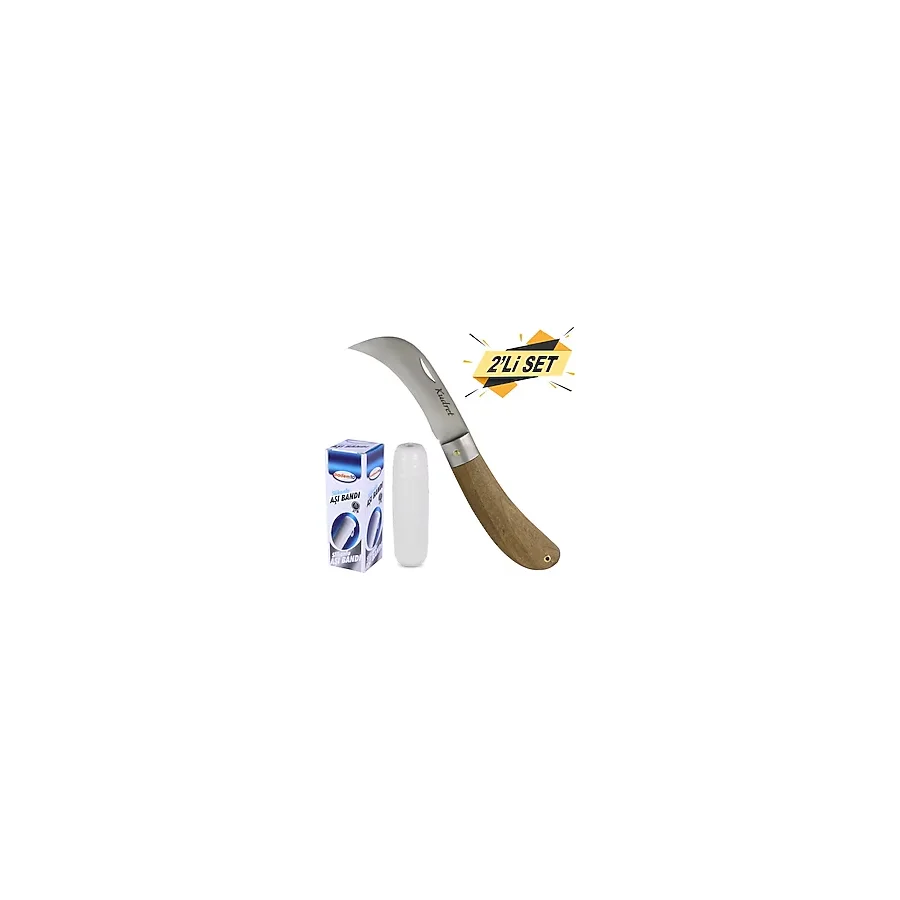 Kudret Aşı Bıçağı Eğri Uçlu Bağ Bıçağı Ara Çakı 21 Cm + Aşı Bandı (2Li Set)