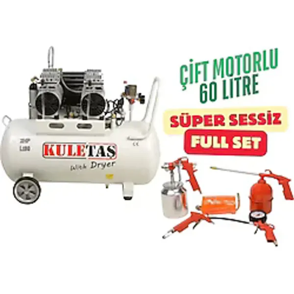 Kuletaş Kompresör Çift Motorlu 60 Litre Süper Sessiz Yağsız - Full Set - 3 Yıl Garanti