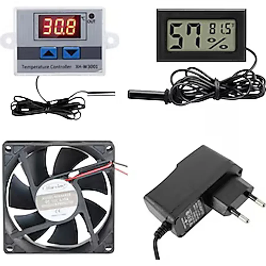 Kuluçka Makinesi Seti - 4 Parça - W3001 Termostat 220v - Isı Nem Ölçer - 12v Adaptör - 80x80 12v Fan-4930