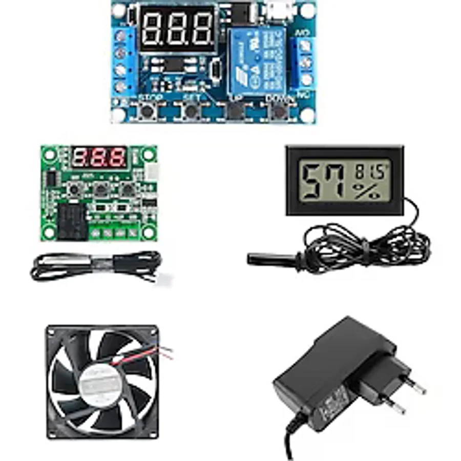 Kuluçka Makinesi Seti - 5 Parça - W1209 Termostat 12v - Isı Nem Ölçer - 12v Adaptör - 80x80 12v Fan - Zaman Rölesi-4928