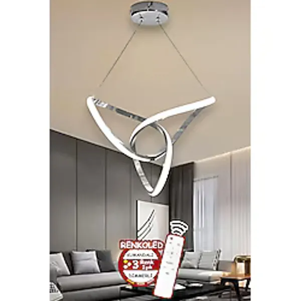Kumandalı 3 Renk Işıklı Modern Sarkıt Led Avize Krom Kasa Salon, Krom
