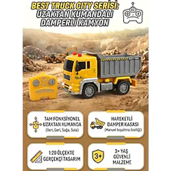 Kumandalı Pilli Işıklı 1:20 Ölçek Sesli Eğitici Oyuncak Damperli Kamyon Araba