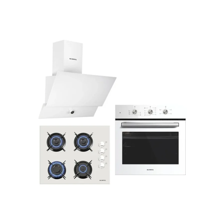 Kumtel Turbo Kristal Beyaz Cam Ankastre Set (DA6-830 Davlumbaz + Ko-40 Tahdf Ocak + B66-SF2 Fırın)