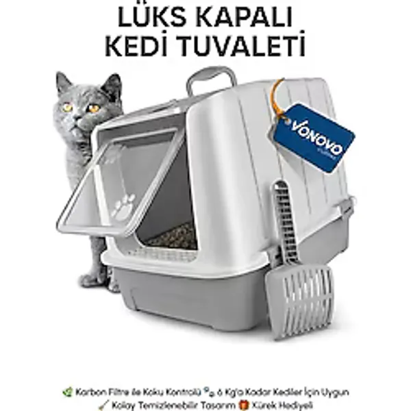 Kurtbay Şekil Lüks Kapalı Kedi Tuvaleti, Filtreli ve Kürek Hediyeli, 52x37,5x39 cm - VN11003 - Beyaz - Gri