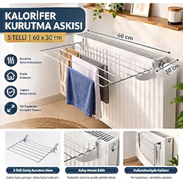 Kurufer Petek Üstü Çamaşır Kurutmalık Askısı Banyo İçi Kalorifer Kurutmalık 60X30 Cm
