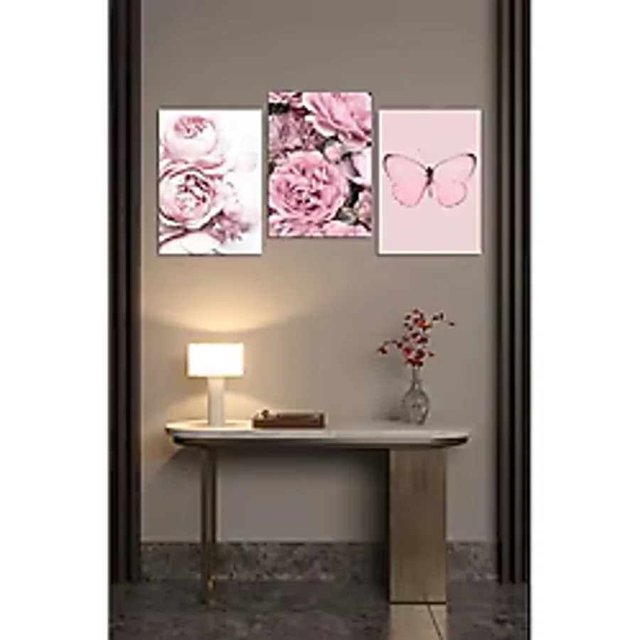 Kututr Dekorize Mdf 3 Parça Çerçeve Görünümlü Güller Ve Kelebek 21X30,Renkli 13 X 17