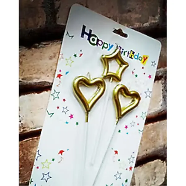 Kuzey Vip Gold Heart Candle 2 Adet Metalik Gold Kalpli Pasta Mumu 1 Adet Yıldız Mum Kalpli Doğum Günü Mumu