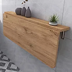 Kydonia Home 60x110 cm Oval Köşeli Çam Ahşap Desenli Sabit Raflı Duvara Monte Kırma Katlanır Masa