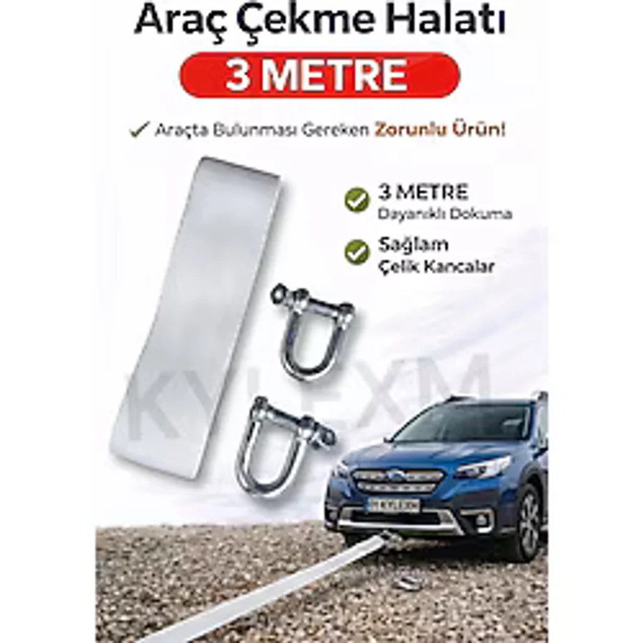 KYLE XM Araç Çekme Halatı Dayanıklı Dokuma Şerit Çelik Kancalı Oto Kurtarma Halatı 3 Metre (3 ton)