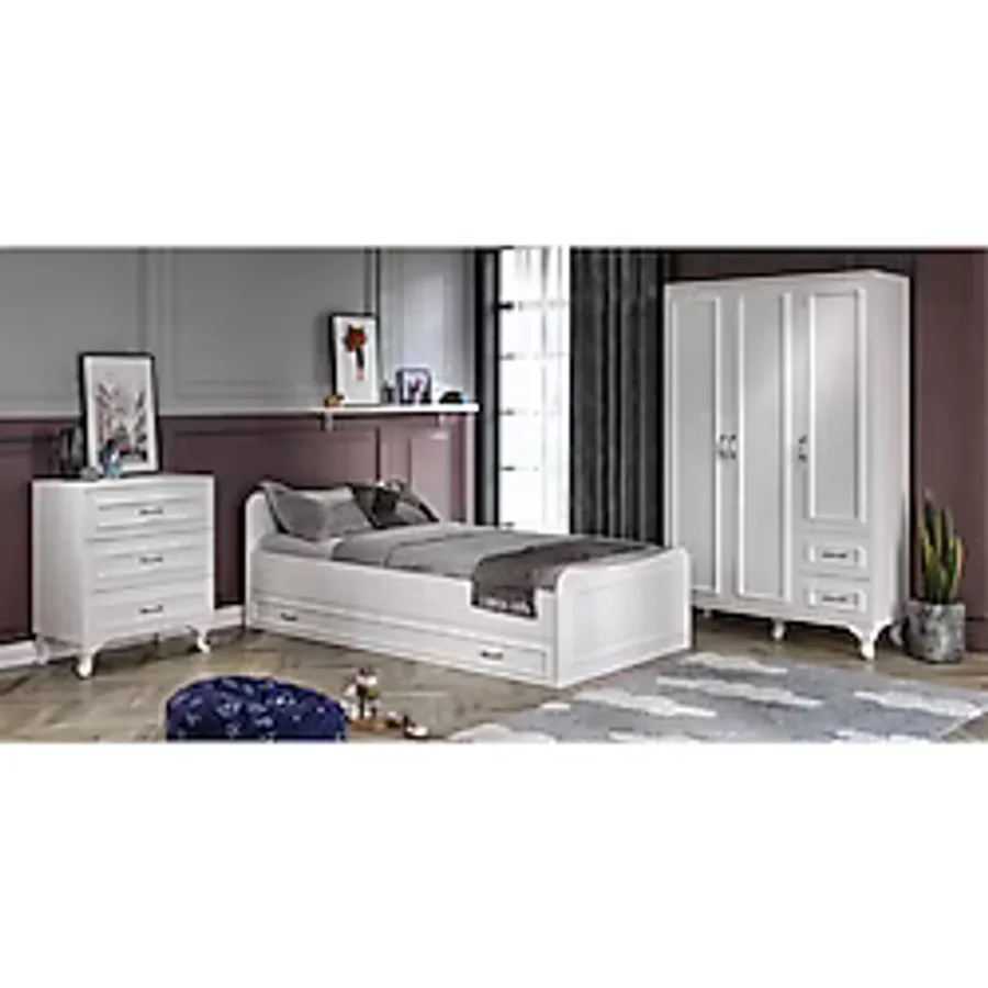 Kzn Home Kartopu Country Oda Takımı - 3 Kapaklı Gardırop, Yavrulu Karyola, 3 Çekmeceli Şifonyer Tamamı Mdf - Beyaz