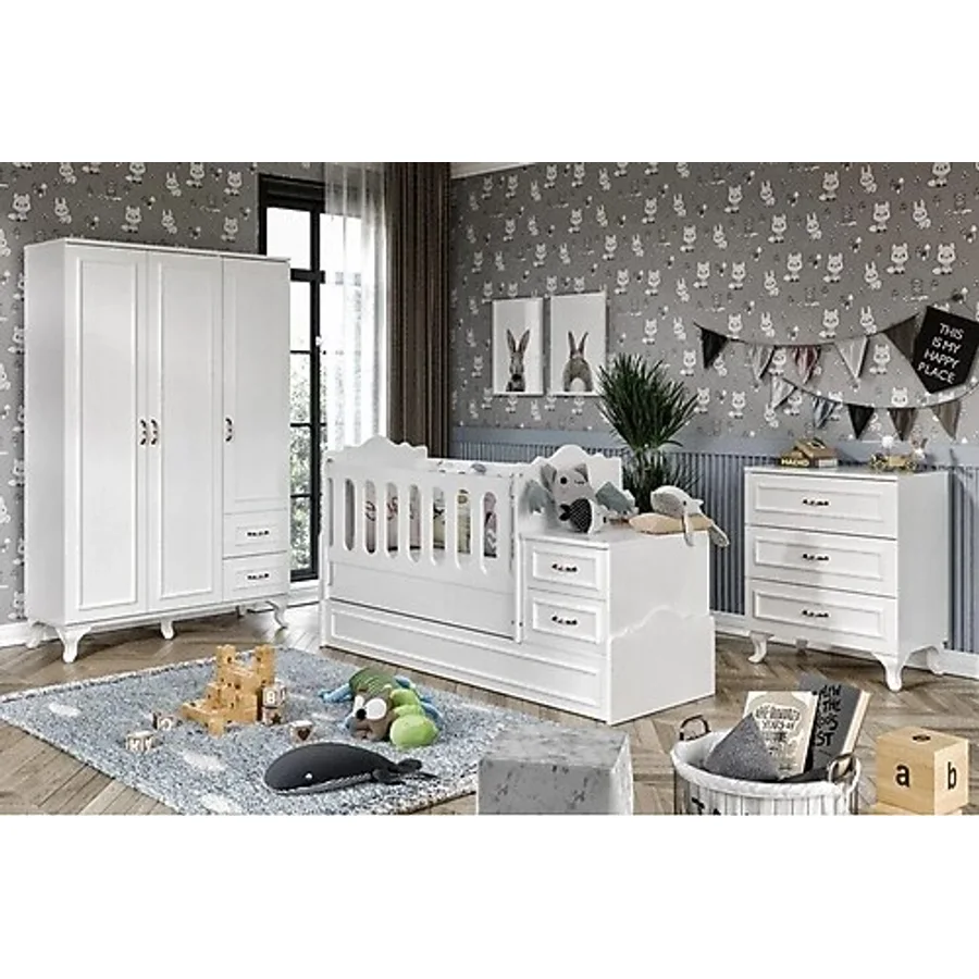 KZNMOB HOME Kartopu Country Tarzı Bebek Odası Takımı Beyaz - 3 Parçalı Tamamı 1. Kalite Mdf