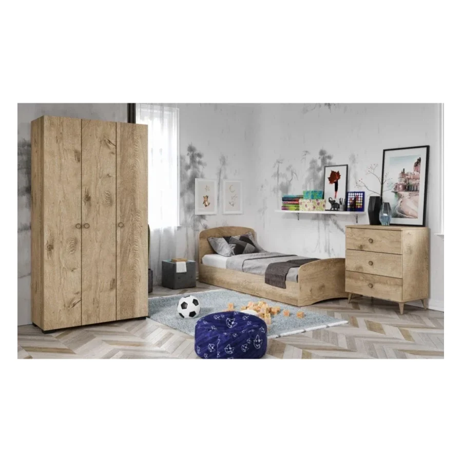 KZNMOB HOME Soft Çocuk Odası Takımı Meşe - Karyola, 3 Kapaklı Gardırop, 3 Çekmeceli Şifonyer Tamamı Mdf