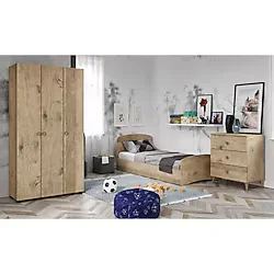 KZNMOB HOME Soft Çocuk Odası Takımı Meşe - Karyola, 3 Kapaklı Gardırop, 3 Çekmeceli Şifonyer Tamamı Mdf