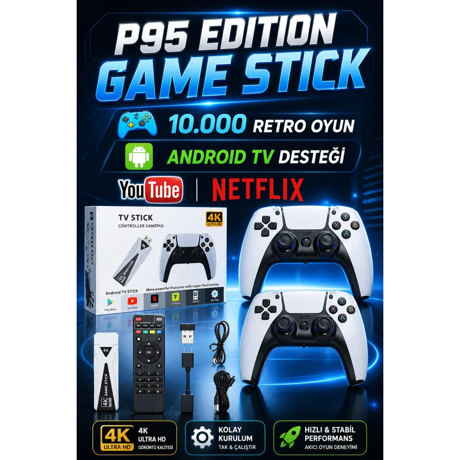 L'eDoren 4k Android TV Wifi Kablosuz Çift Kol Retro Oyunlar Game Stick 64gb Hafıza 10000 Oyun Atari