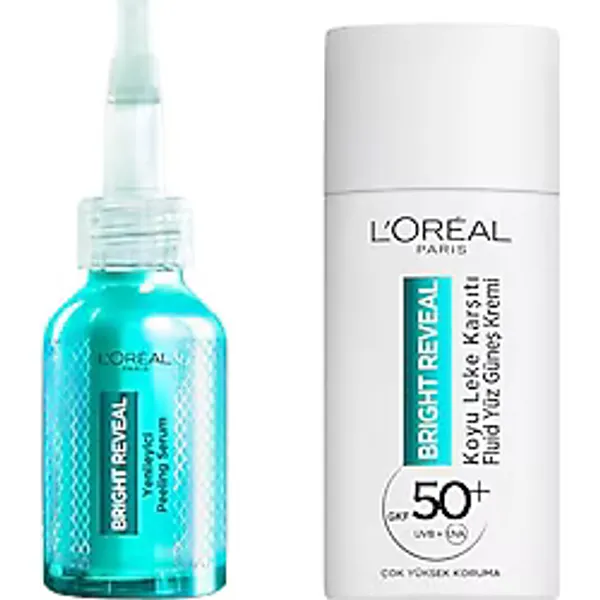 L'Oreal Paris Bright Reveal Koyu Lekelere Karşı Hızlı Etkili Yenileyici Peeling Serum 25% [AHA + BHA + PHA] 25ml Spf 50+ Koyu Leke Karşıtı Fluid Günlük Yüz Güneş Kremi 50ml Cilt Bakım Seti