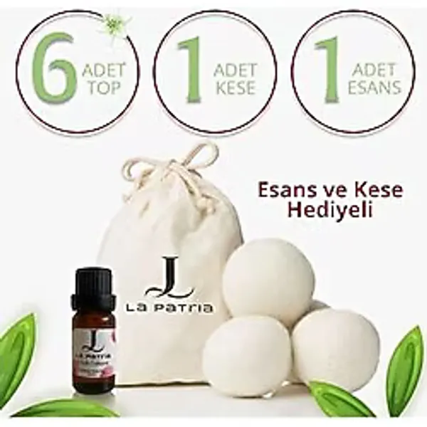 La Patria 6 Adet Xxxl Yün Çamaşır Kurutma Makinesi Topu (1ADET Kese ve 1 Adet Esans Yağ 10ML Hediye) - Beyaz - 10 ml