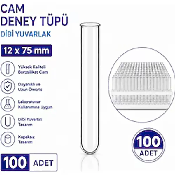 Labolist 12X75 mm Cam Deney Tüpü Dibi Yuvarlak 100 Adet Laboratuvar Test Tüpü