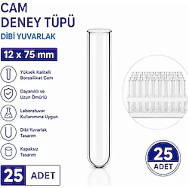 Labolist 12X75 mm Cam Deney Tüpü Dibi Yuvarlak 25 Adet Laboratuvar Test Tüpü