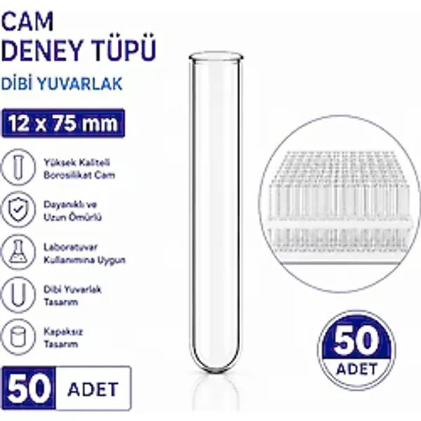 Labolist 12X75 mm Cam Deney Tüpü Dibi Yuvarlak 50 Adet Laboratuvar Test Tüpü