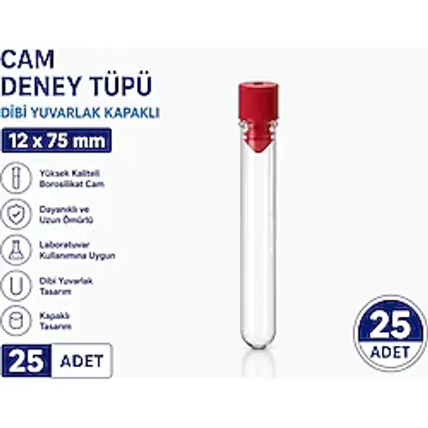 Labolist 12X75 mm Cam Deney Tüpü Dibi Yuvarlak Kapaklı 25 Adet Laboratuvar Test Tüpü