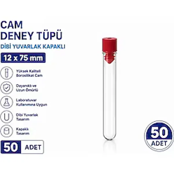 Labolist 12X75 mm Cam Deney Tüpü Dibi Yuvarlak Kapaklı 50 Adet Laboratuvar Test Tüpü