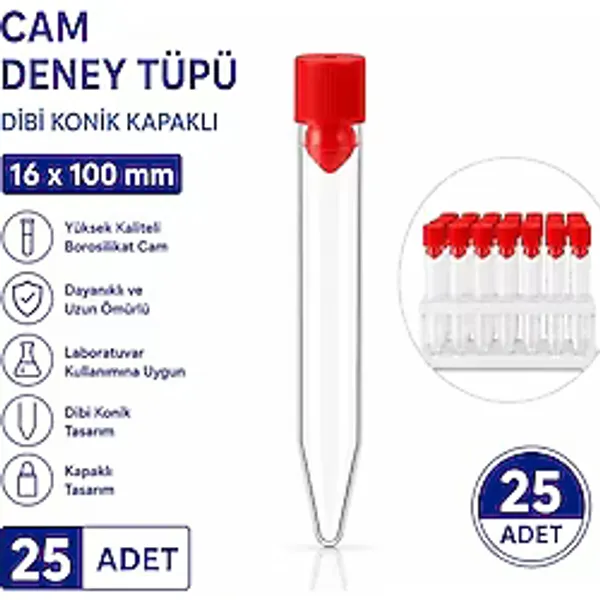 Labolist 16X100 mm Cam Deney Tüpü Dibi Konik Kapaklı 25 Adet Laboratuvar Test Tüpü