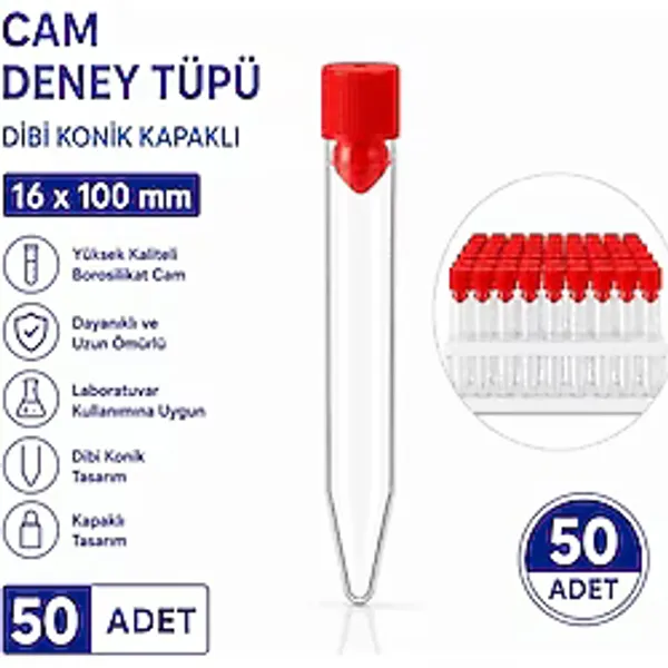 Labolist 16X100 mm Cam Deney Tüpü Dibi Konik Kapaklı 50 Adet Laboratuvar Test Tüpü