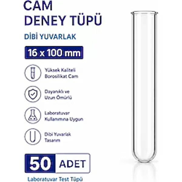 Labolist 16X100 mm Cam Deney Tüpü Dibi Yuvarlak 50 Adet Laboratuvar Test Tüpü